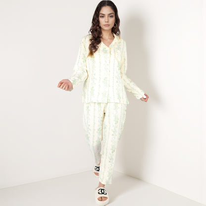 Anna-Kaci Women's Floral Stripe Long Sleeve Pajama Set with Button-Up Top Chest Pocket and Elastic Waist Pants in Lightweight Fabric