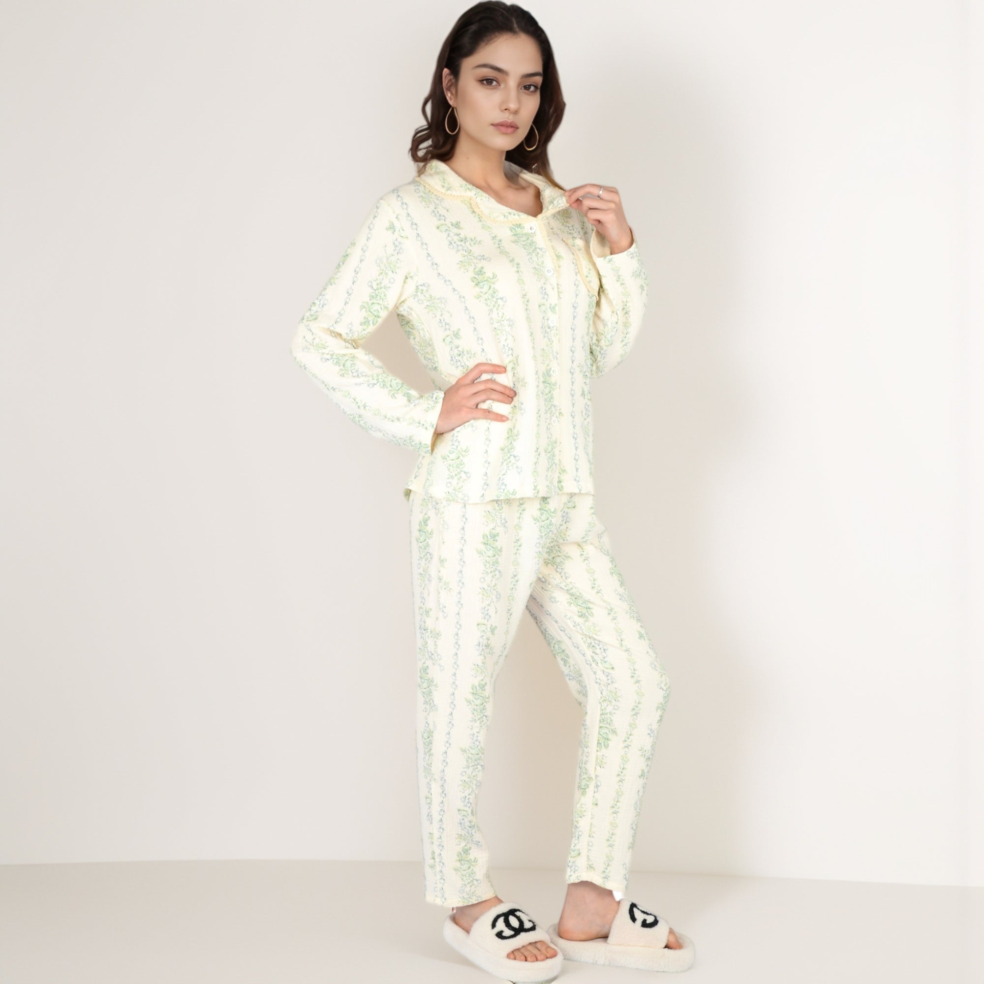 Anna-Kaci Women's Floral Stripe Long Sleeve Pajama Set with Button-Up Top Chest Pocket and Elastic Waist Pants in Lightweight Fabric