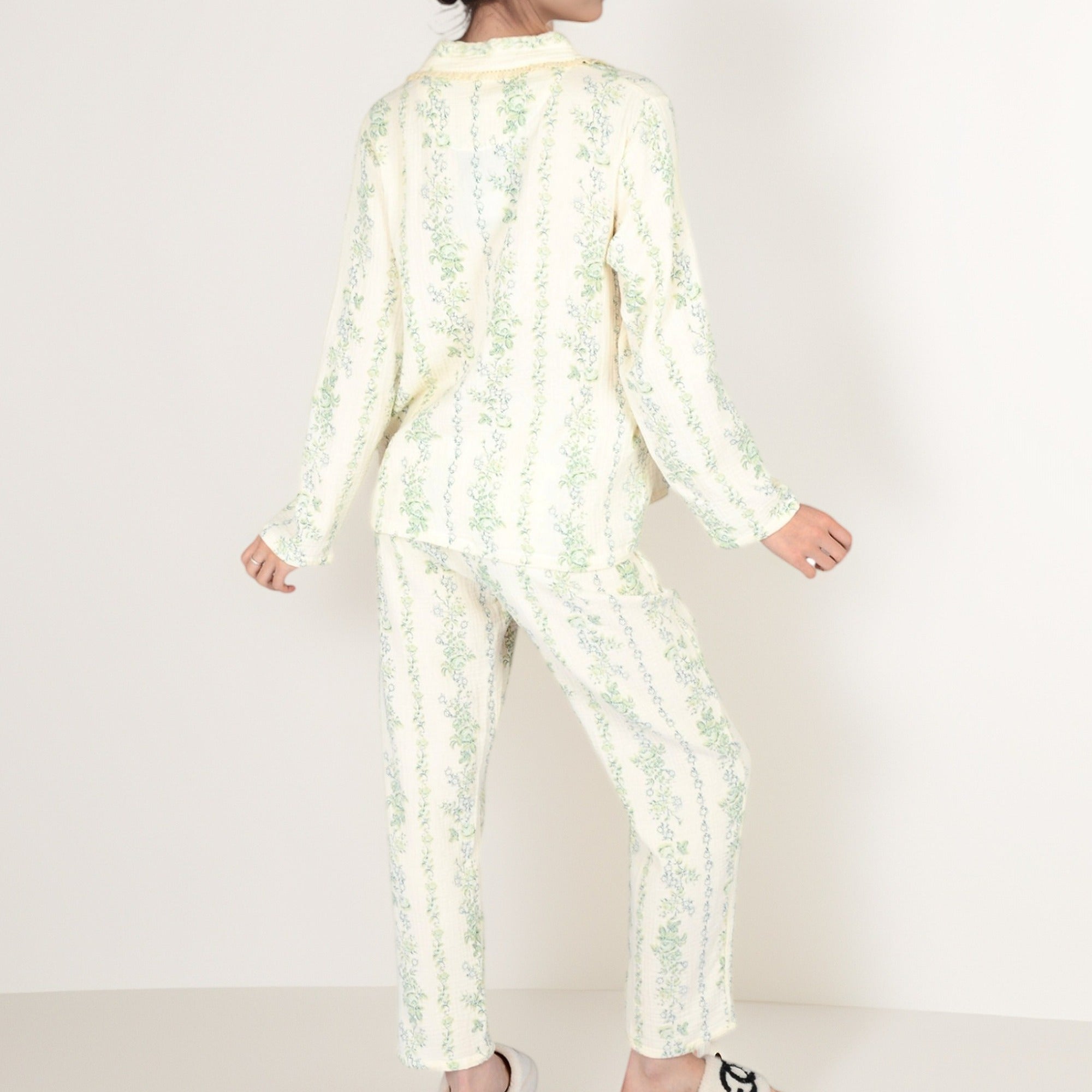 Anna-Kaci Women's Floral Stripe Long Sleeve Pajama Set with Button-Up Top Chest Pocket and Elastic Waist Pants in Lightweight Fabric