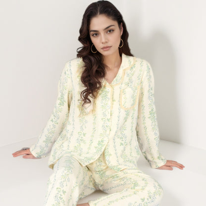 Anna-Kaci Women's Floral Stripe Long Sleeve Pajama Set with Button-Up Top Chest Pocket and Elastic Waist Pants in Lightweight Fabric