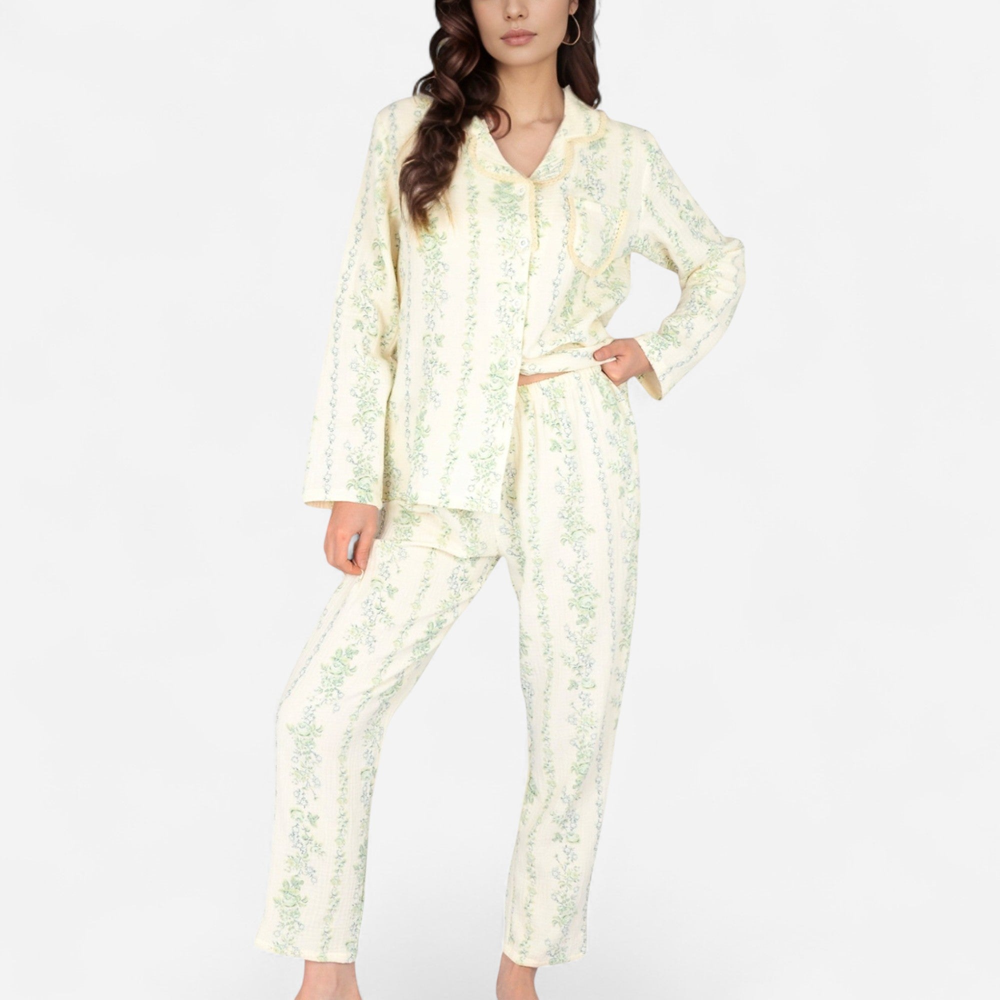 Anna-Kaci Women's Floral Stripe Long Sleeve Pajama Set with Button-Up Top Chest Pocket and Elastic Waist Pants in Lightweight Fabric