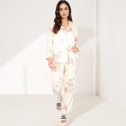 Anna-Kaci Women's Floral Butterfly Print Long Sleeve Pajama Set with Button-Up Top Chest Pocket and Relaxed Fit Pants