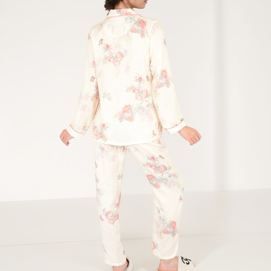 Anna-Kaci Women's Floral Butterfly Print Long Sleeve Pajama Set with Button-Up Top Chest Pocket and Relaxed Fit Pants