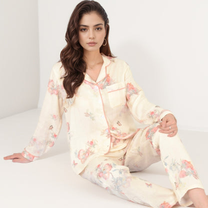 Anna-Kaci Women's Floral Butterfly Print Long Sleeve Pajama Set with Button-Up Top Chest Pocket and Relaxed Fit Pants
