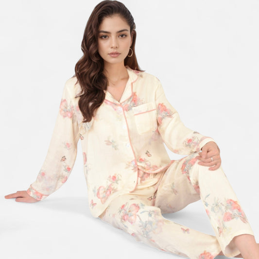 Anna-Kaci Women's Floral Butterfly Print Long Sleeve Pajama Set with Button-Up Top Chest Pocket and Relaxed Fit Pants