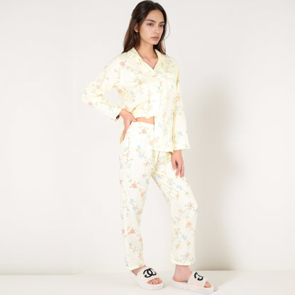 Anna-Kaci Women's Yellow Floral Print Long Sleeve Pajama Set with Button-Up Top Single Chest Pocket and Relaxed Fit Pants
