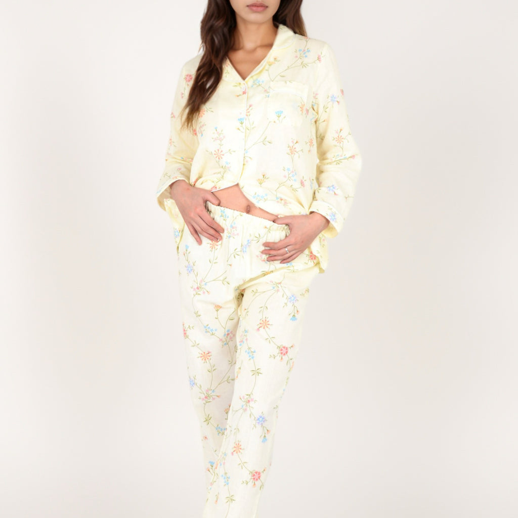 Anna-Kaci Women's Yellow Floral Print Long Sleeve Pajama Set with Button-Up Top Single Chest Pocket and Relaxed Fit Pants