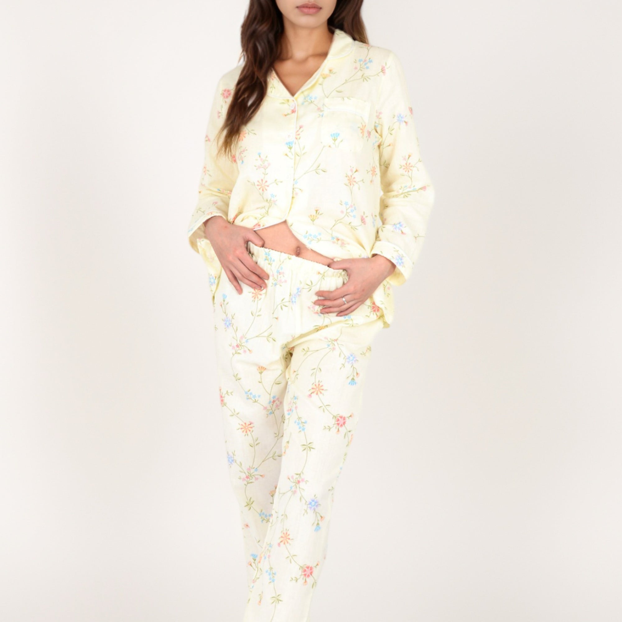 Anna-Kaci Women's Yellow Floral Print Long Sleeve Pajama Set with Button-Up Top Single Chest Pocket and Relaxed Fit Pants