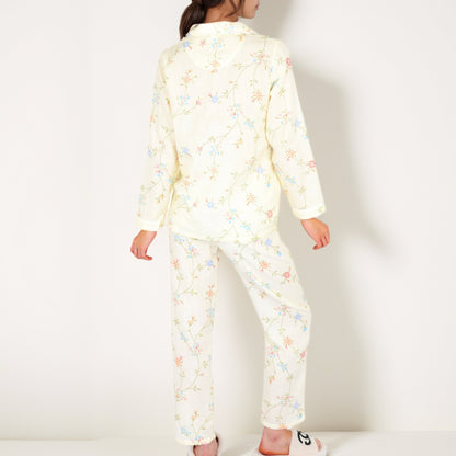 Anna-Kaci Women's Yellow Floral Print Long Sleeve Pajama Set with Button-Up Top Single Chest Pocket and Relaxed Fit Pants
