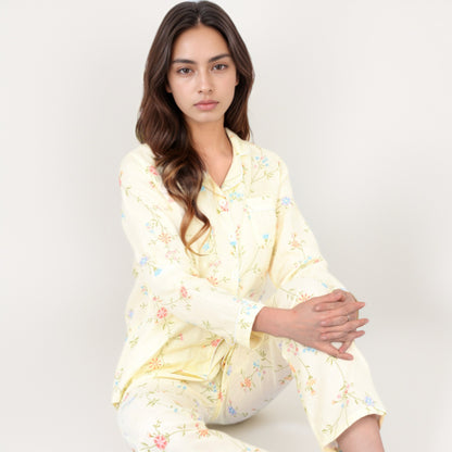 Anna-Kaci Women's Yellow Floral Print Long Sleeve Pajama Set with Button-Up Top Single Chest Pocket and Relaxed Fit Pants