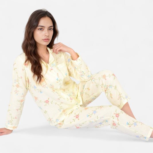 Anna-Kaci Women's Yellow Floral Print Long Sleeve Pajama Set with Button-Up Top Single Chest Pocket and Relaxed Fit Pants