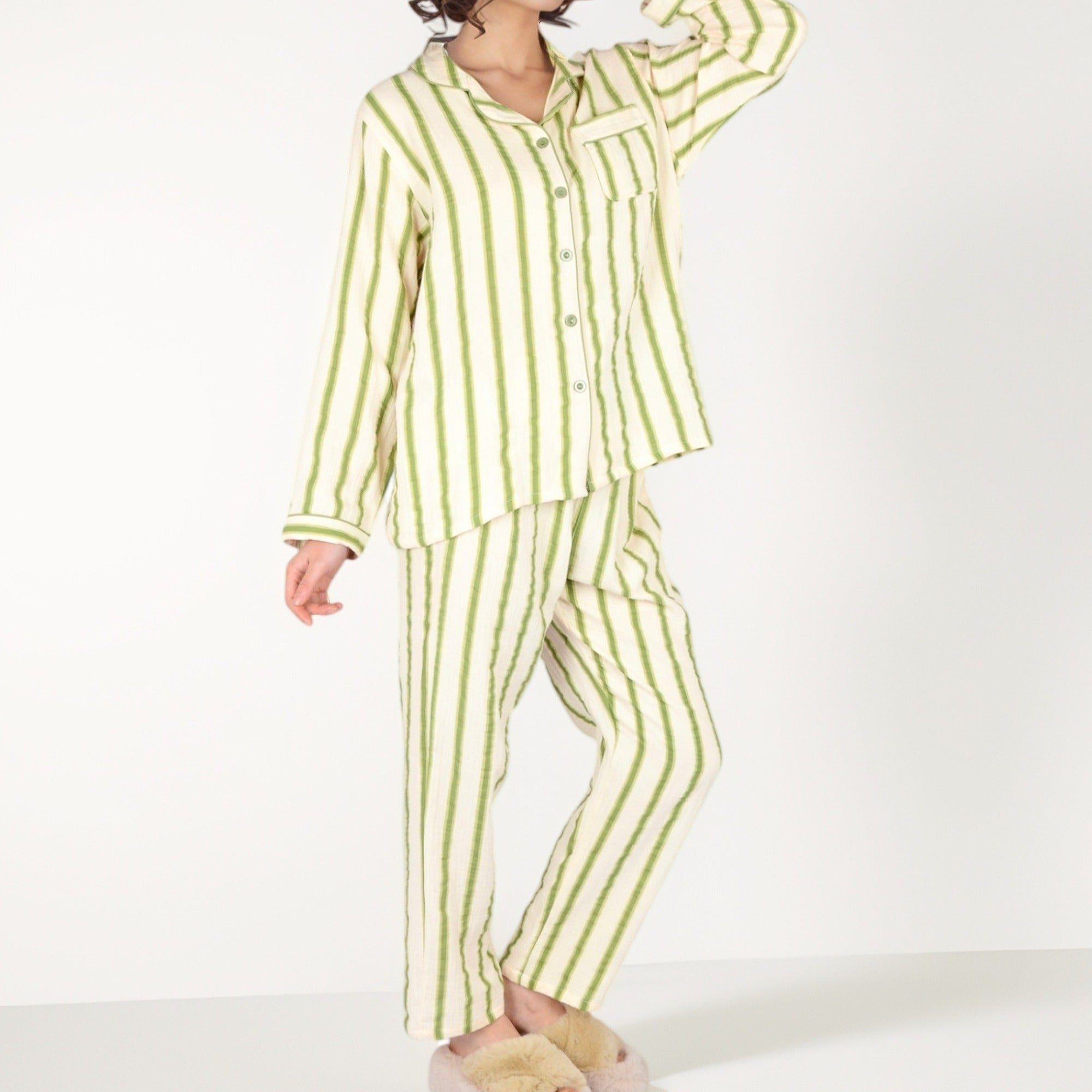 Anna-Kaci Women's Green Striped Long Sleeve Pajama Set with Button-Up Top Chest Pocket and Relaxed Straight-Leg Pants
