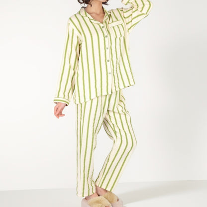 Anna-Kaci Women's Green Striped Long Sleeve Pajama Set with Button-Up Top Chest Pocket and Relaxed Straight-Leg Pants