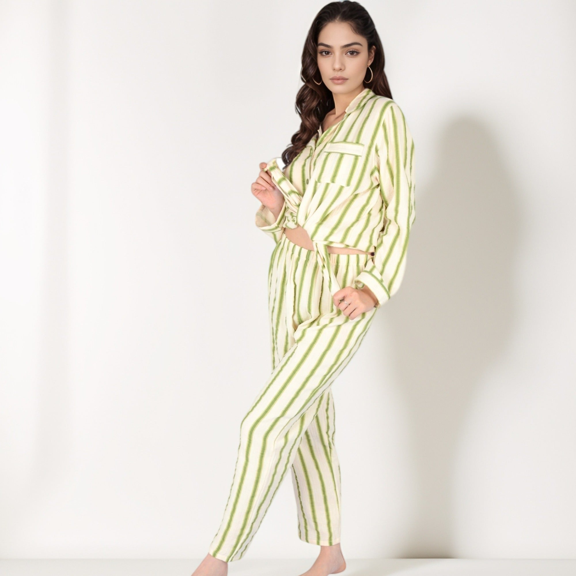 Anna-Kaci Women's Green Striped Long Sleeve Pajama Set with Button-Up Top Chest Pocket and Relaxed Straight-Leg Pants
