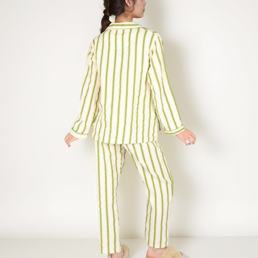 Anna-Kaci Women's Green Striped Long Sleeve Pajama Set with Button-Up Top Chest Pocket and Relaxed Straight-Leg Pants