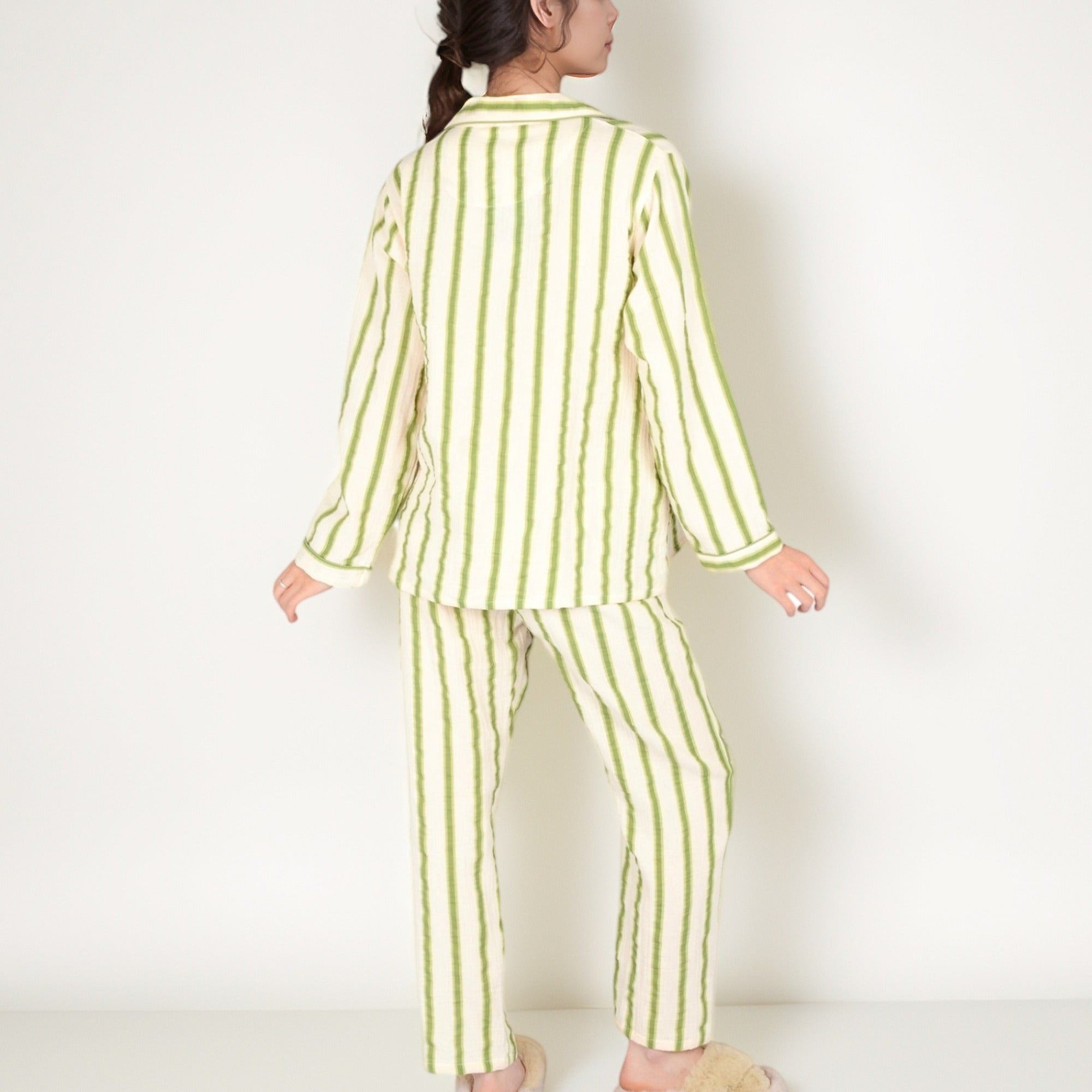 Anna-Kaci Women's Green Striped Long Sleeve Pajama Set with Button-Up Top Chest Pocket and Relaxed Straight-Leg Pants