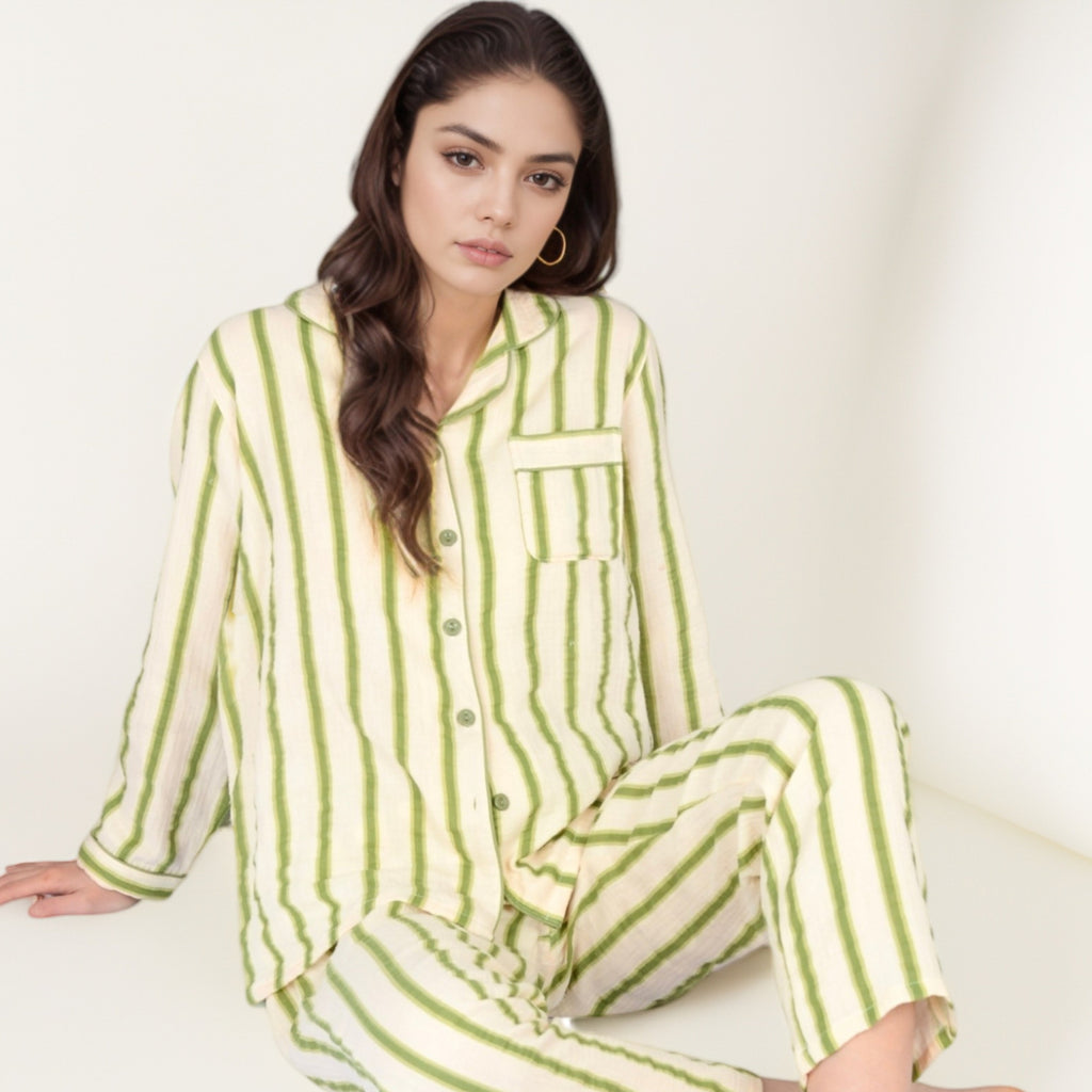 Anna-Kaci Women's Green Striped Long Sleeve Pajama Set with Button-Up Top Chest Pocket and Relaxed Straight-Leg Pants