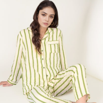 Anna-Kaci Women's Green Striped Long Sleeve Pajama Set with Button-Up Top Chest Pocket and Relaxed Straight-Leg Pants