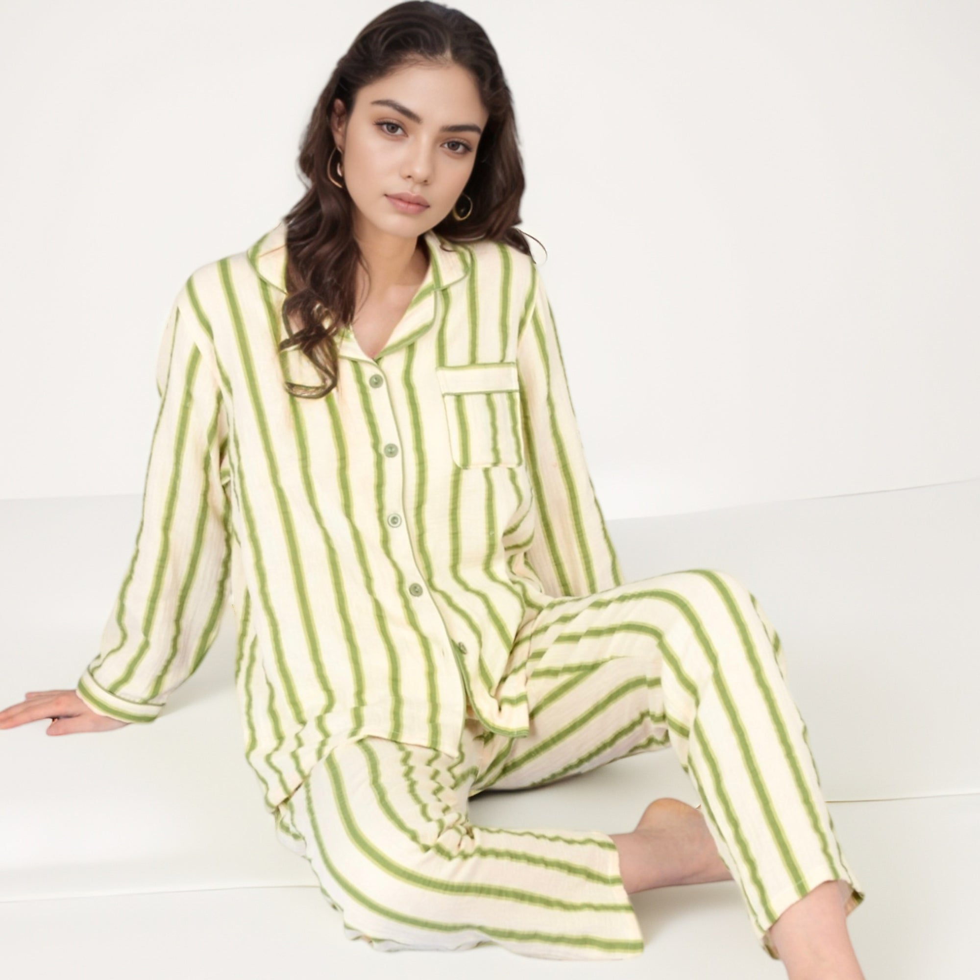 Anna-Kaci Women's Green Striped Long Sleeve Pajama Set with Button-Up Top Chest Pocket and Relaxed Straight-Leg Pants