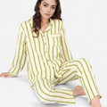 Anna-Kaci Women's Green Striped Long Sleeve Pajama Set with Button-Up Top Chest Pocket and Relaxed Straight-Leg Pants