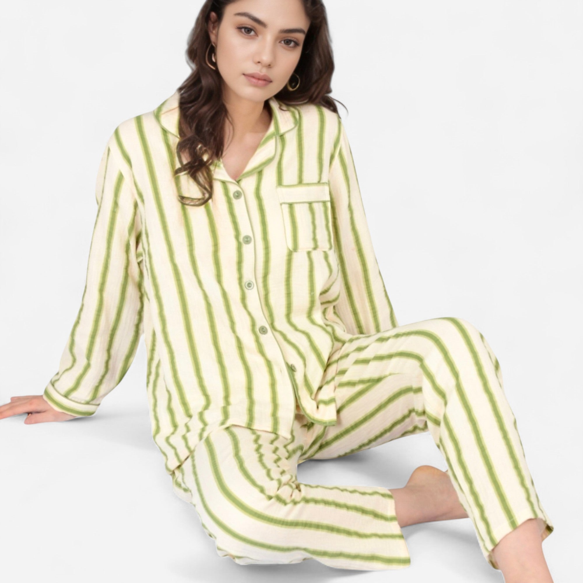 Anna-Kaci Women's Green Striped Long Sleeve Pajama Set with Button-Up Top Chest Pocket and Relaxed Straight-Leg Pants