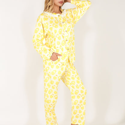 Anna-Kaci Women's Lemon Print Long Sleeve Pajama Set with Ruffle Trim Button Top and Relaxed Fit Elastic Waist Pants