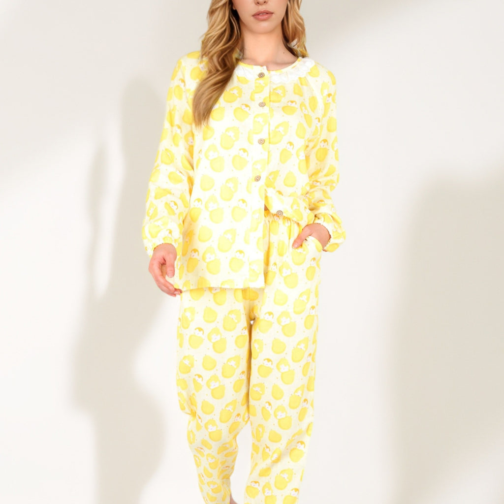 Anna-Kaci Women's Lemon Print Long Sleeve Pajama Set with Ruffle Trim Button Top and Relaxed Fit Elastic Waist Pants