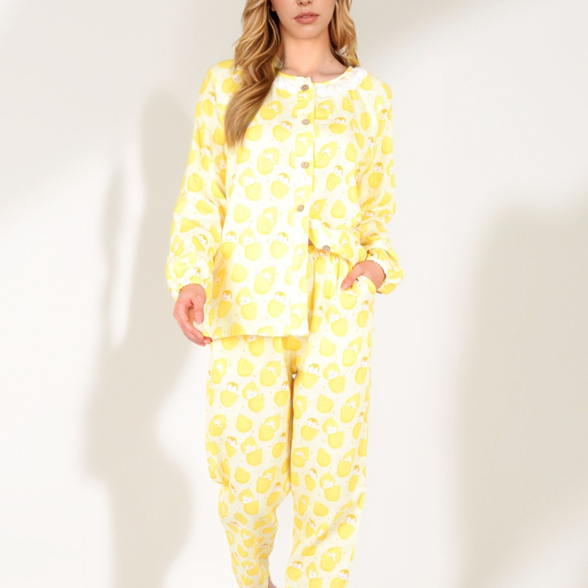 Anna-Kaci Women's Lemon Print Long Sleeve Pajama Set with Ruffle Trim Button Top and Relaxed Fit Elastic Waist Pants