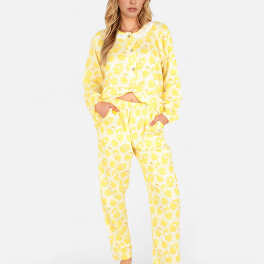 Anna-Kaci Women's Lemon Print Long Sleeve Pajama Set with Ruffle Trim Button Top and Relaxed Fit Elastic Waist Pants