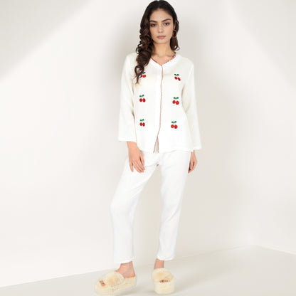 Anna-Kaci Women's Cherry Embroidered Long Sleeve Pajama Set with Button Front Top and Lightweight Relaxed Fit Pants