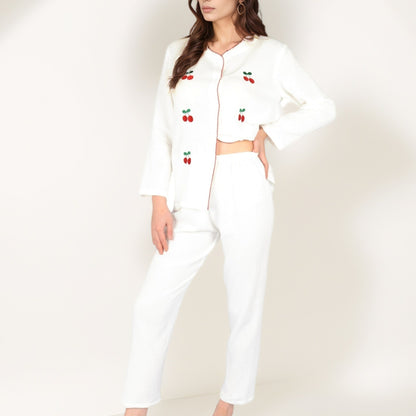 Anna-Kaci Women's Cherry Embroidered Long Sleeve Pajama Set with Button Front Top and Lightweight Relaxed Fit Pants