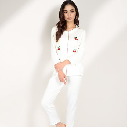 Anna-Kaci Women's Cherry Embroidered Long Sleeve Pajama Set with Button Front Top and Lightweight Relaxed Fit Pants