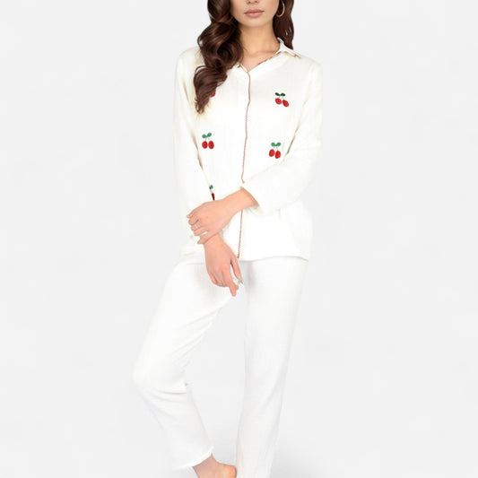 Anna-Kaci Women's Cherry Embroidered Long Sleeve Pajama Set with Button Front Top and Lightweight Relaxed Fit Pants