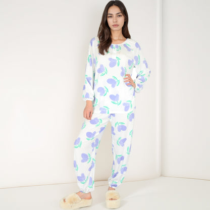 Anna-Kaci Women's Blue Fruit Print Long Sleeve Pajama Set with Elastic Cuffs and Relaxed Fit Pullover Top