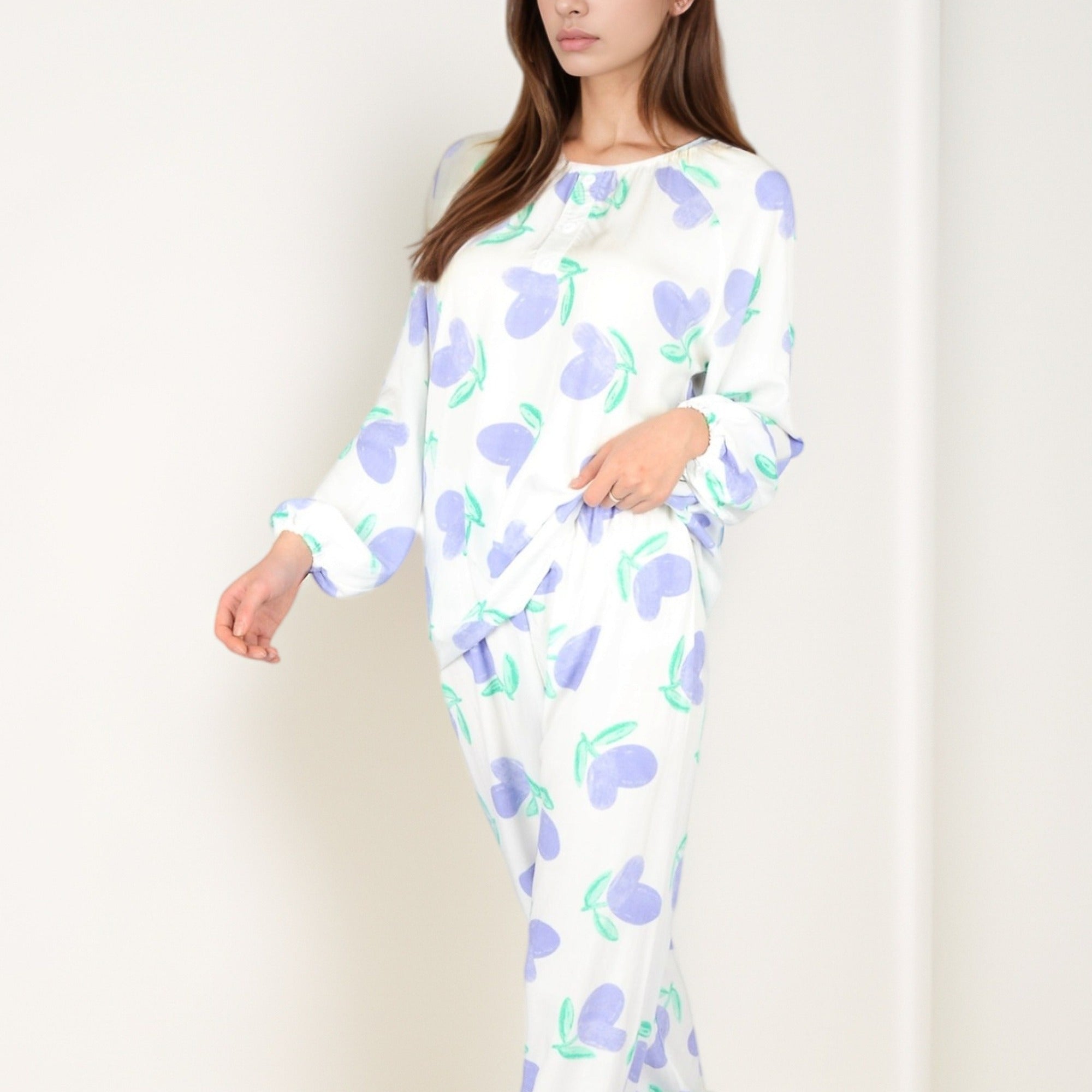 Anna-Kaci Women's Blue Fruit Print Long Sleeve Pajama Set with Elastic Cuffs and Relaxed Fit Pullover Top