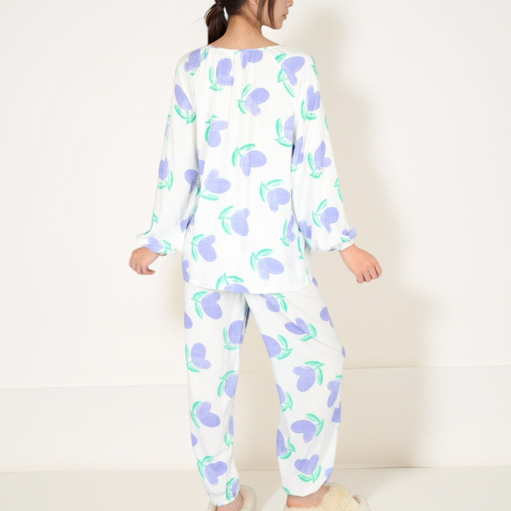 Anna-Kaci Women's Blue Fruit Print Long Sleeve Pajama Set with Elastic Cuffs and Relaxed Fit Pullover Top