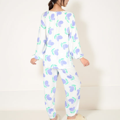 Anna-Kaci Women's Blue Fruit Print Long Sleeve Pajama Set with Elastic Cuffs and Relaxed Fit Pullover Top