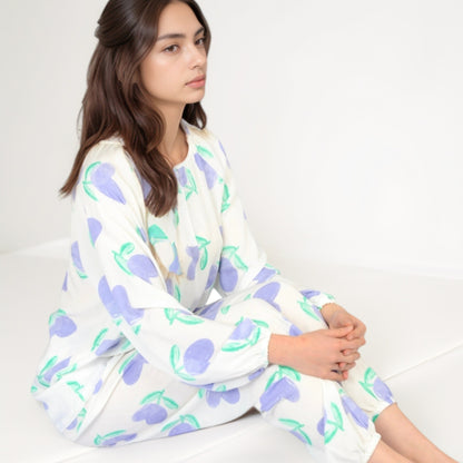 Anna-Kaci Women's Blue Fruit Print Long Sleeve Pajama Set with Elastic Cuffs and Relaxed Fit Pullover Top