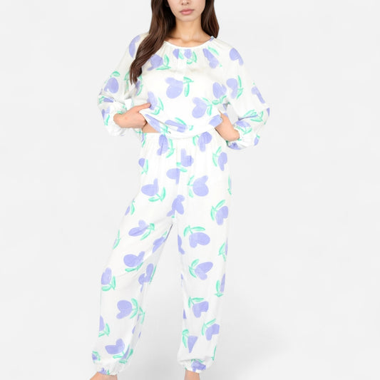 Anna-Kaci Women's Blue Fruit Print Long Sleeve Pajama Set with Elastic Cuffs and Relaxed Fit Pullover Top