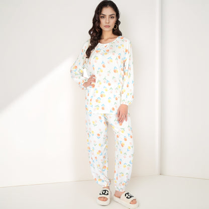 Anna-Kaci Women's Blue Fruit Print Long Sleeve Pajama Set with Elastic Cuffs and Relaxed Fit Pullover Top