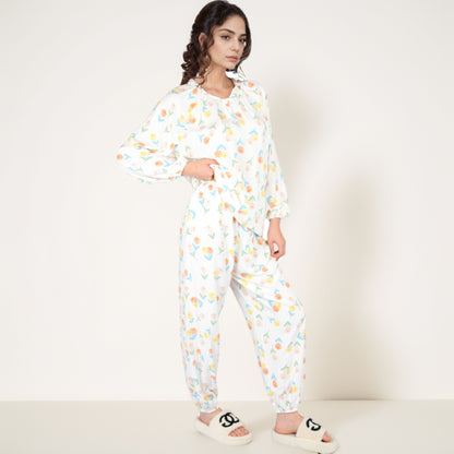 Anna-Kaci Women's Blue Fruit Print Long Sleeve Pajama Set with Elastic Cuffs and Relaxed Fit Pullover Top