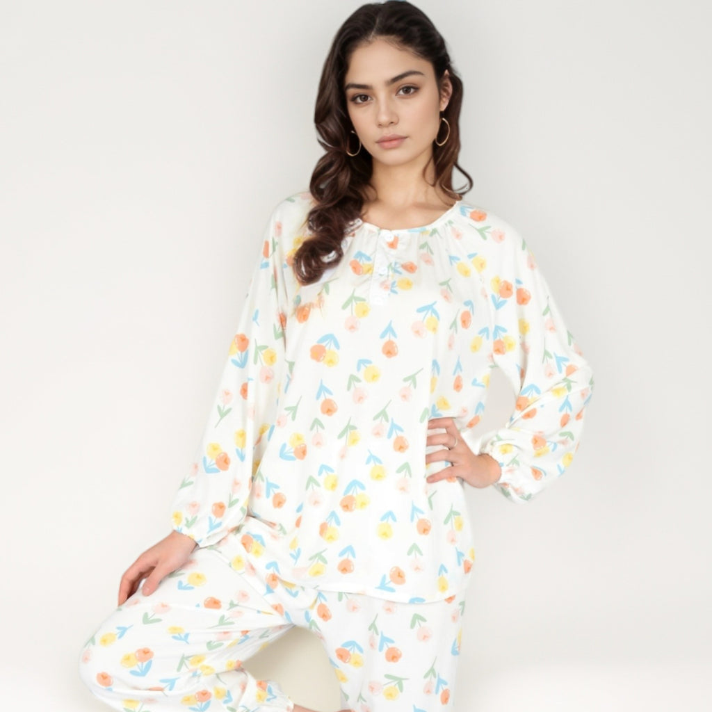 Anna-Kaci Women's Blue Fruit Print Long Sleeve Pajama Set with Elastic Cuffs and Relaxed Fit Pullover Top