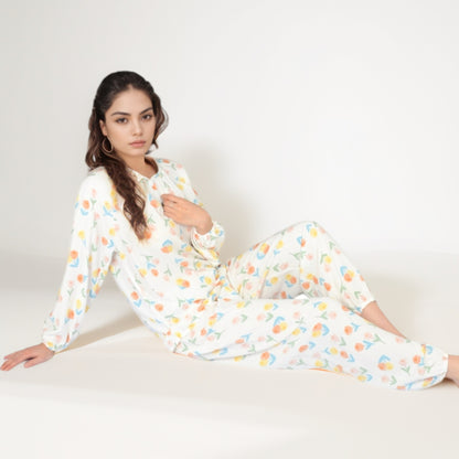 Anna-Kaci Women's Blue Fruit Print Long Sleeve Pajama Set with Elastic Cuffs and Relaxed Fit Pullover Top