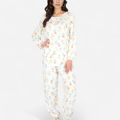Anna-Kaci Women's Blue Fruit Print Long Sleeve Pajama Set with Elastic Cuffs and Relaxed Fit Pullover Top