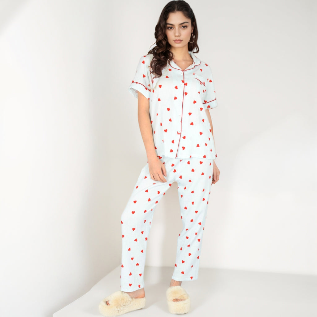 Anna-Kaci Women's Red Heart Print Pajama Set with Short Sleeve Button-Up Top and Relaxed Fit Elastic Waist Pants