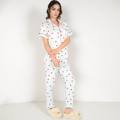 Anna-Kaci Women's Red Heart Print Pajama Set with Short Sleeve Button-Up Top and Relaxed Fit Elastic Waist Pants