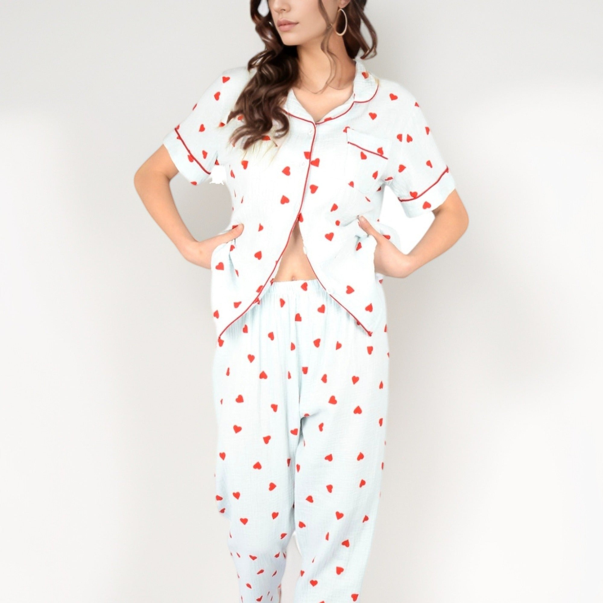 Anna-Kaci Women's Red Heart Print Pajama Set with Short Sleeve Button-Up Top and Relaxed Fit Elastic Waist Pants
