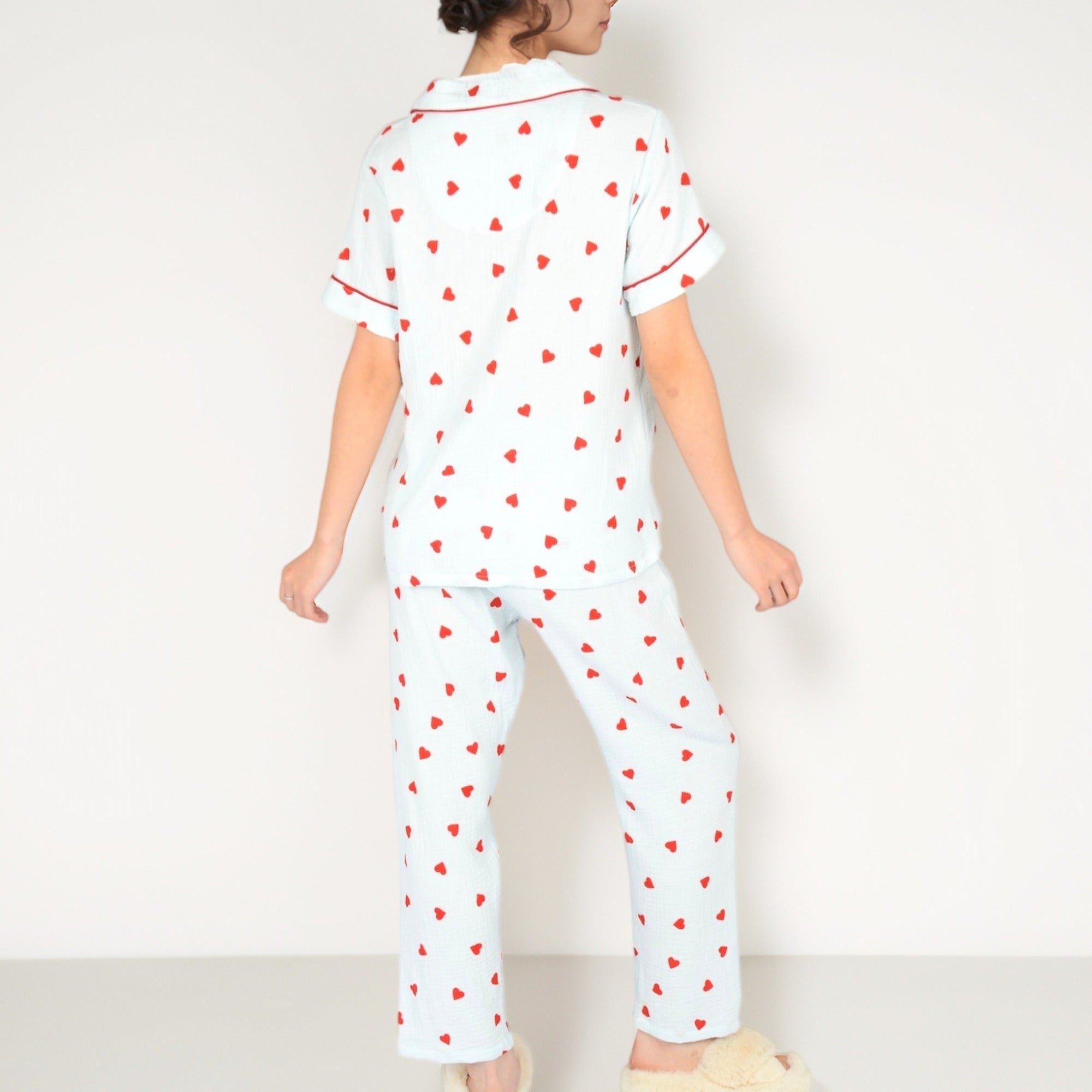 Anna-Kaci Women's Red Heart Print Pajama Set with Short Sleeve Button-Up Top and Relaxed Fit Elastic Waist Pants