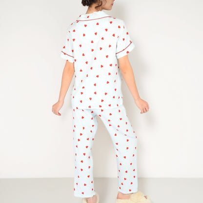 Anna-Kaci Women's Red Heart Print Pajama Set with Short Sleeve Button-Up Top and Relaxed Fit Elastic Waist Pants