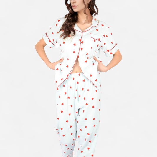 Anna-Kaci Women's Red Heart Print Pajama Set with Short Sleeve Button-Up Top and Relaxed Fit Elastic Waist Pants